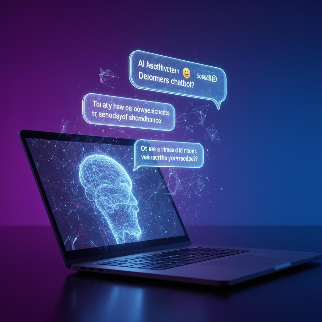 AI assistant chatbot interface emerging from a laptop screen