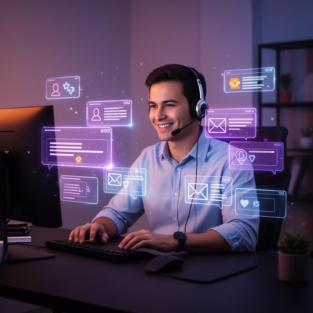 Friendly customer support agent with floating message and email notifications