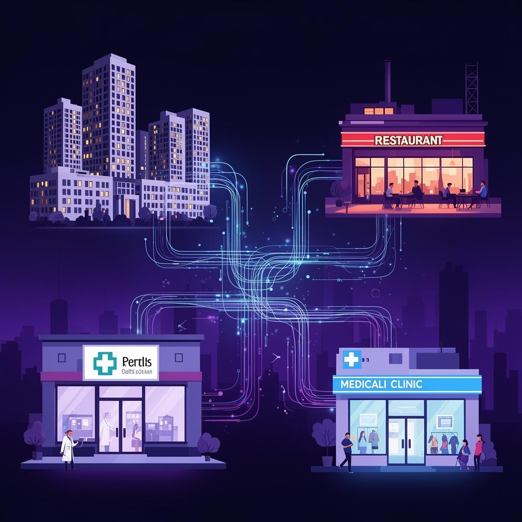 Stylized cityscape showing the industries we serve connected by data streams