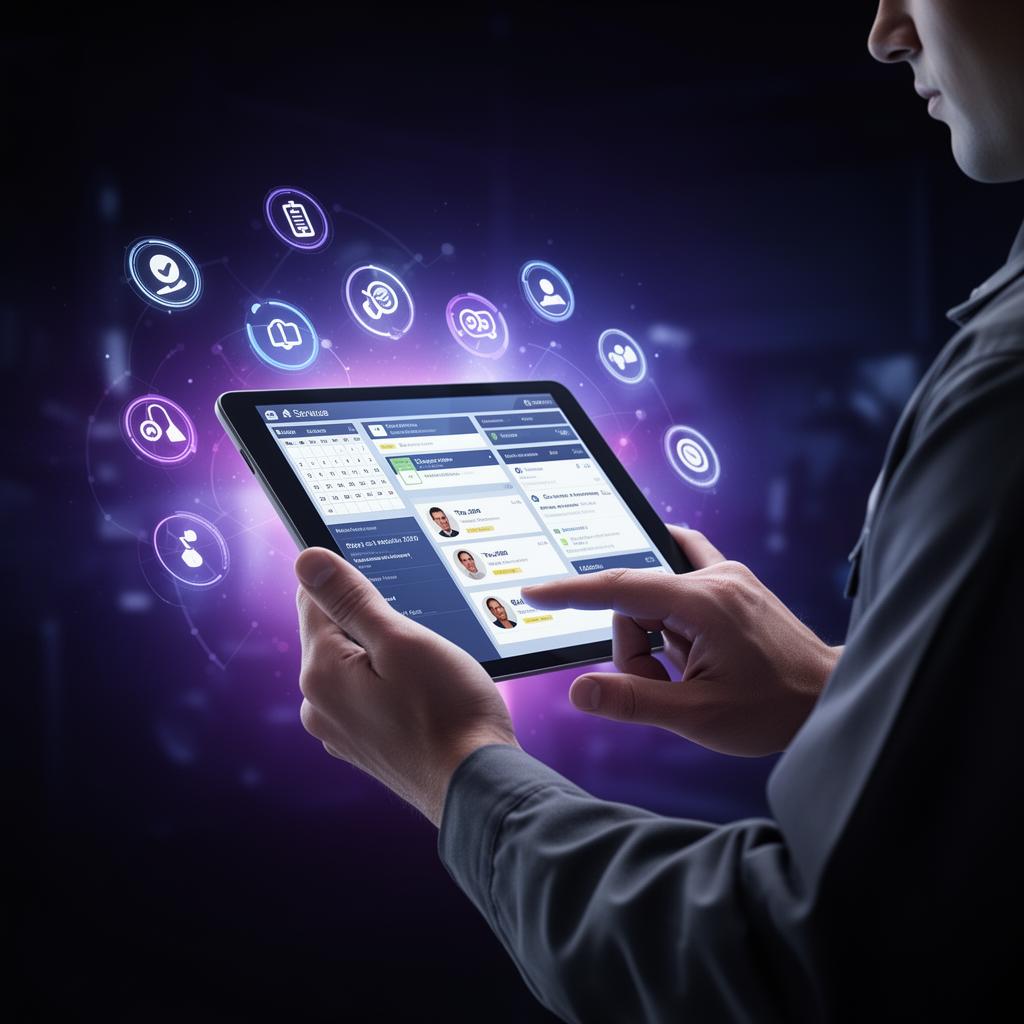 Service technician using a tablet with floating service icons