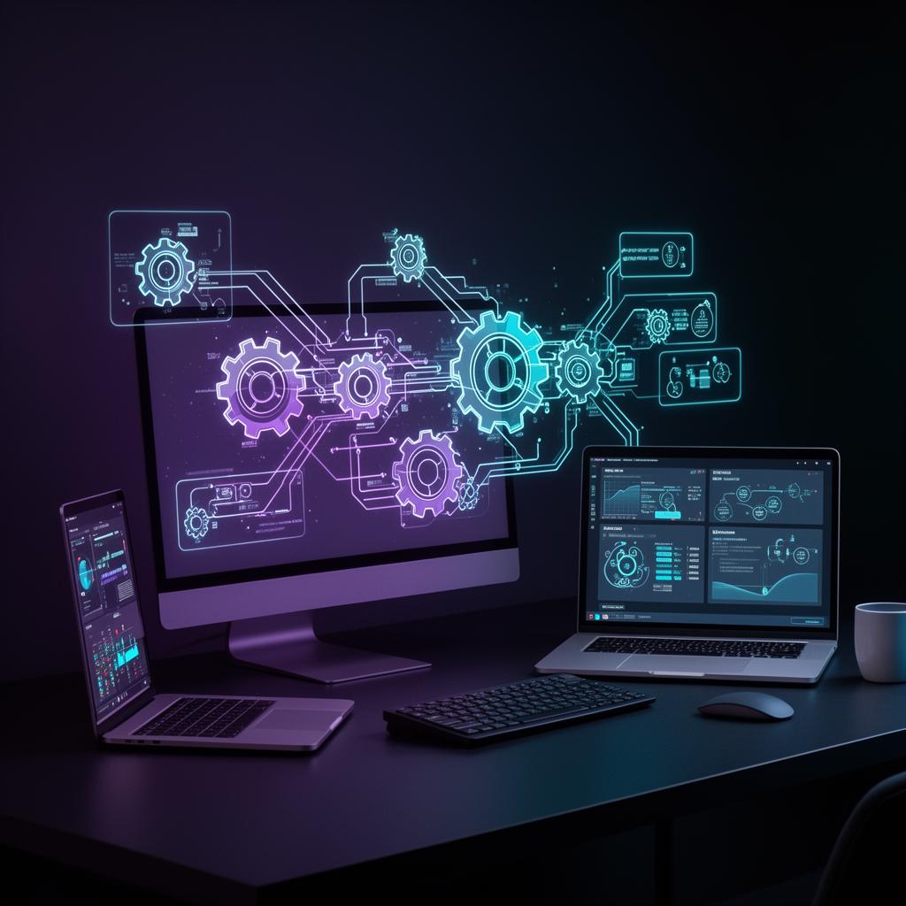 Workspace with multiple devices showing automated business workflows