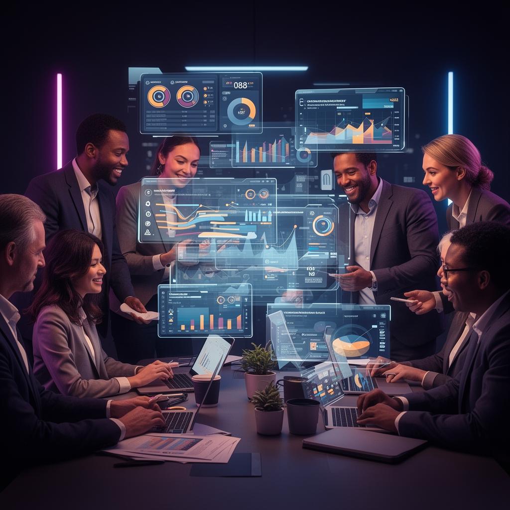 Business team collaborating around analytics dashboards